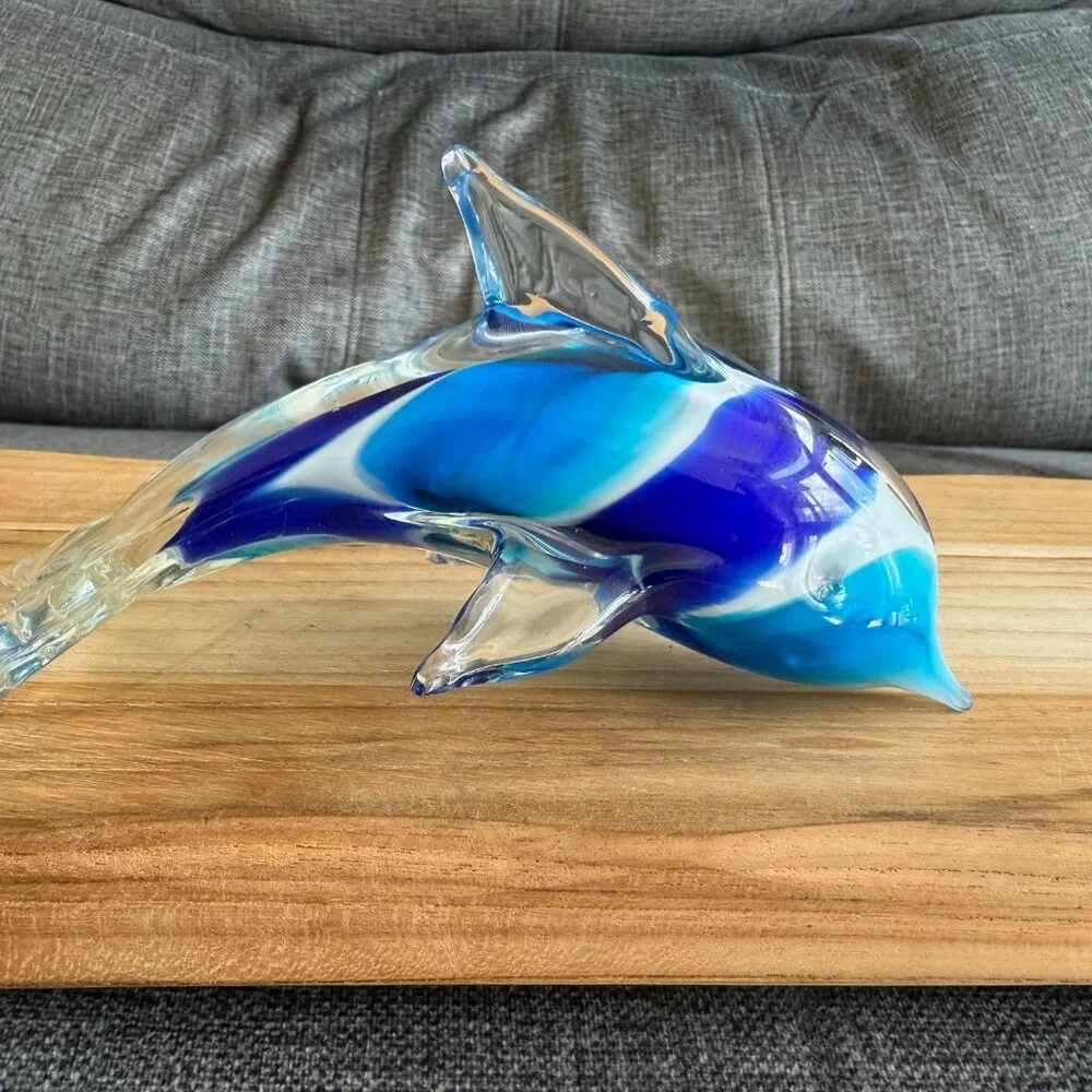 Murano Style Glass Dolphin Figurine with shades of blue, aqua and white